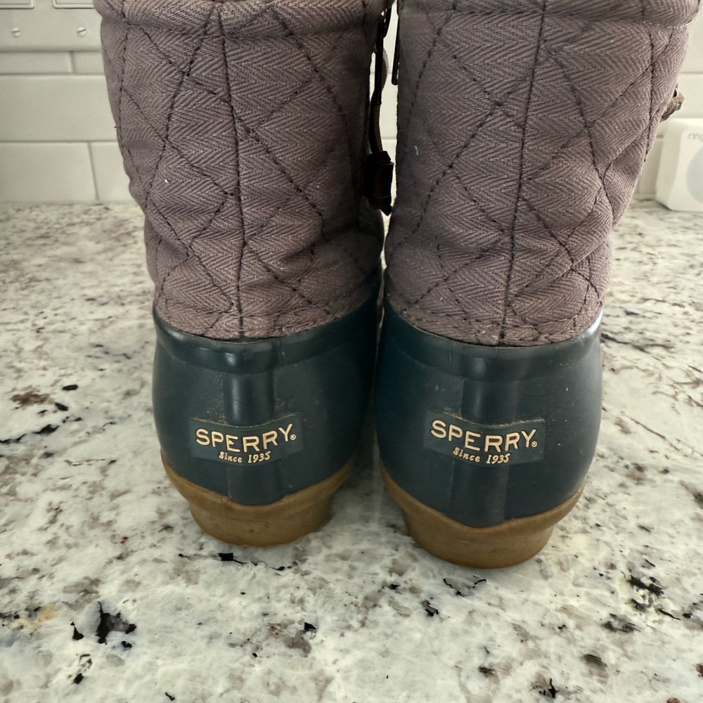 Sperry Quilted Waterproof Boots - Navy bottom with grey top.